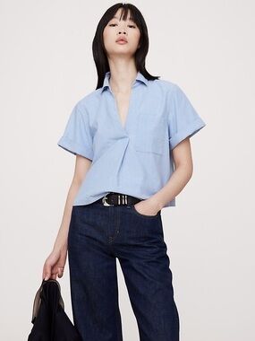 NWOT Banana Republic Petite Cropped Chambray Short Sleeve Button-Down Top XXSP